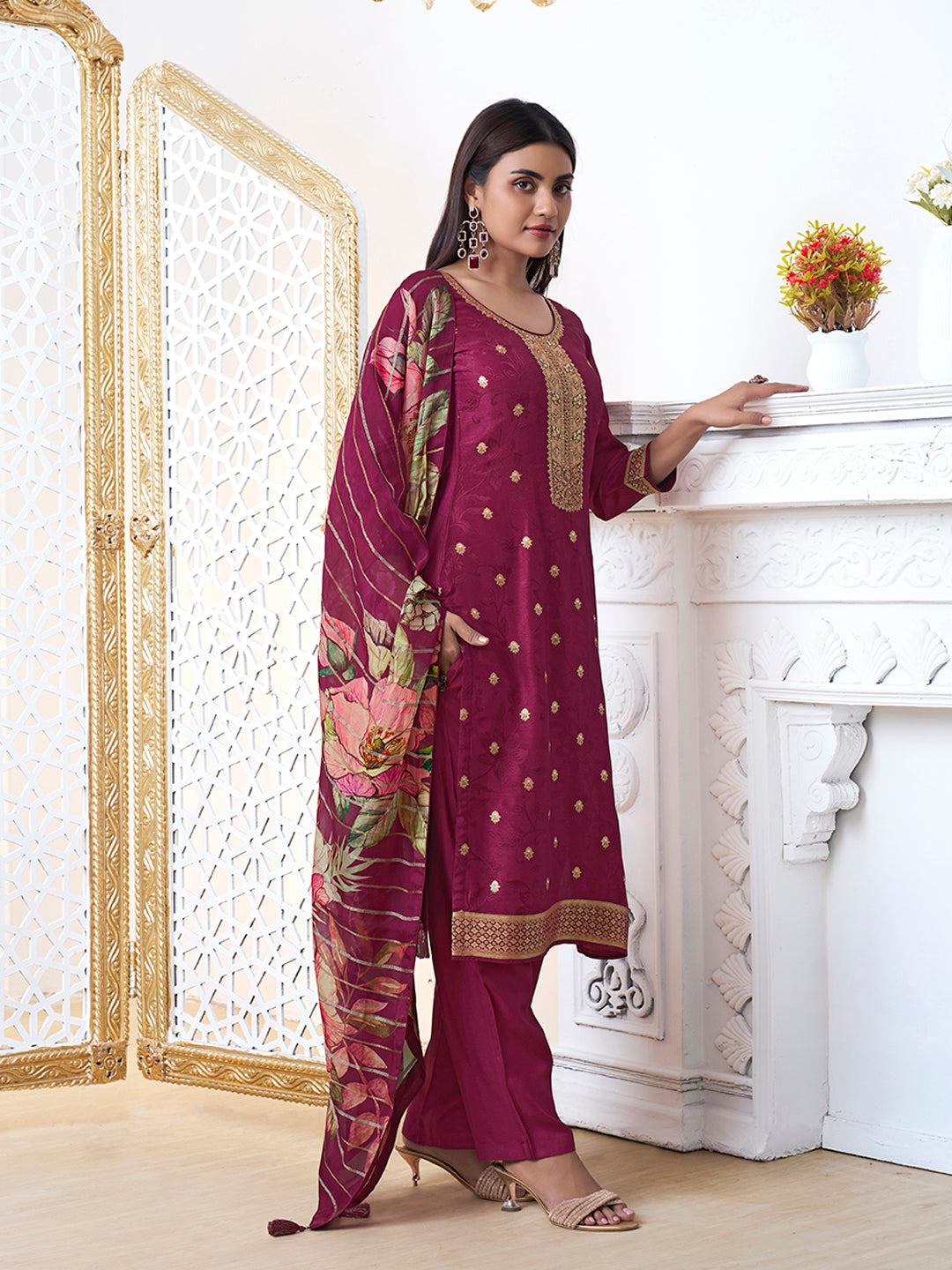 Wine Dola Ethnic Motifs Jacquard Kurta Suit Set
