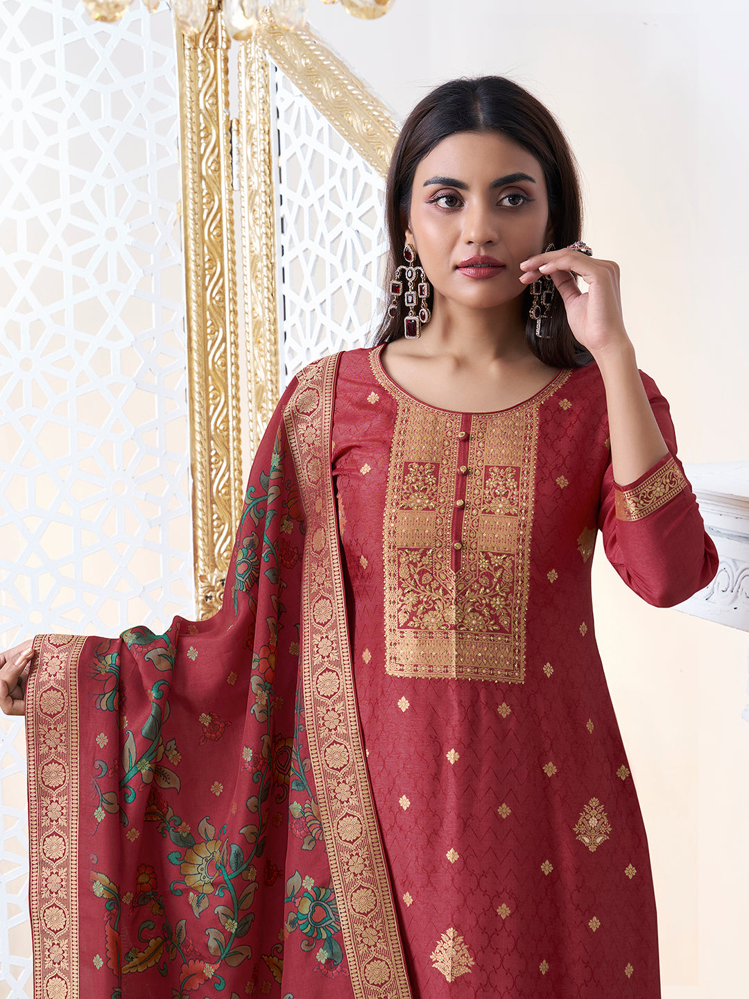 Red Dola Silk with Jacquard Weave Kurta Suit Set