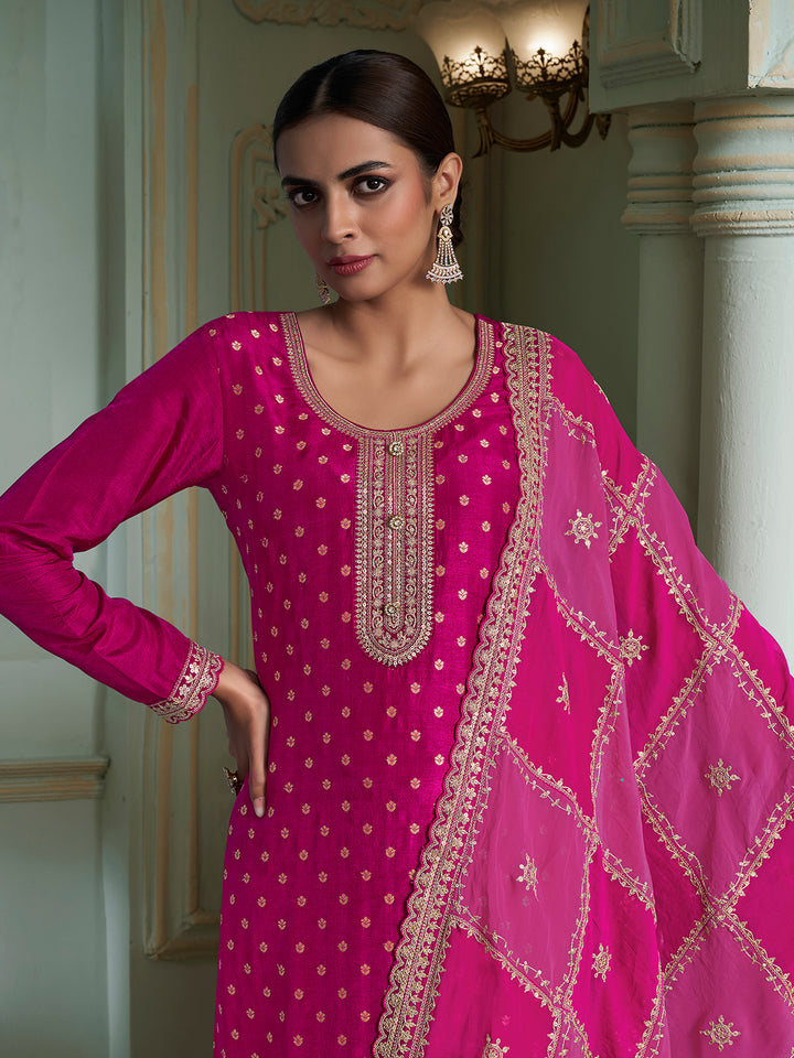 Hot Pink Kurta Set in Dola Jacquard with Sequins Embroidery