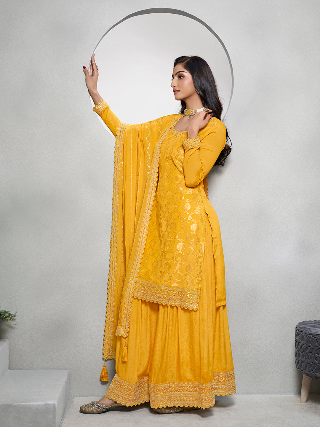 Yellow Jacquard with Embroidery Sharara Suit Set Product vendor