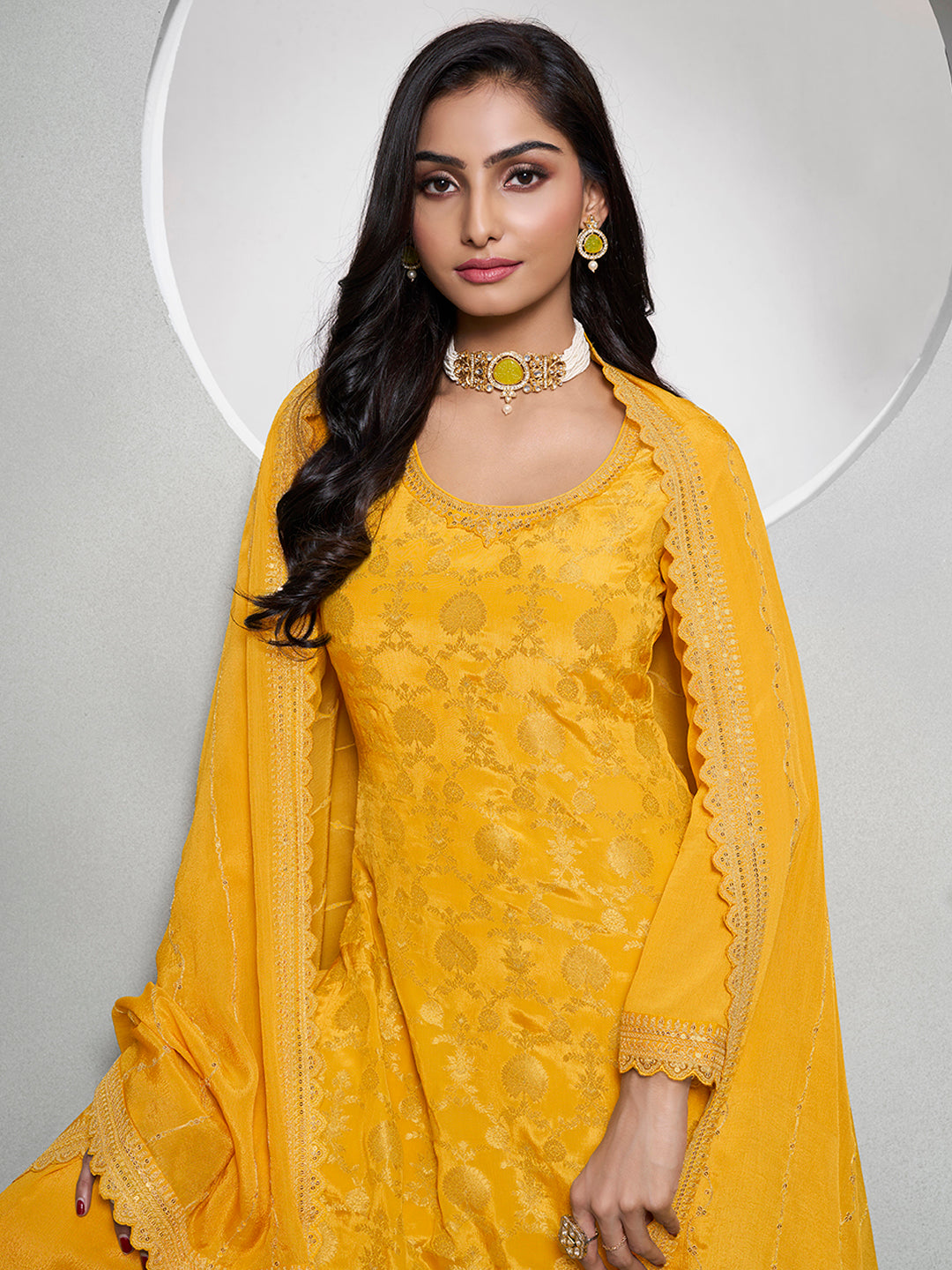 Yellow Jacquard with Embroidery Sharara Suit Set Product vendor