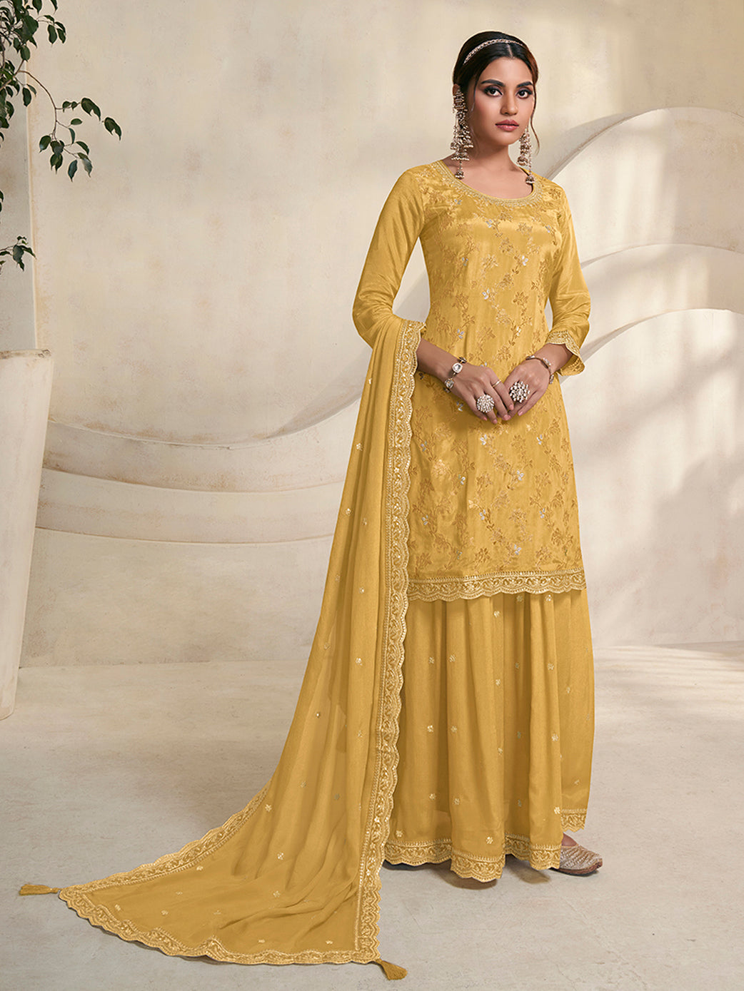 Loveleen Yellow Hand Embroidered  Sharara Suit Set