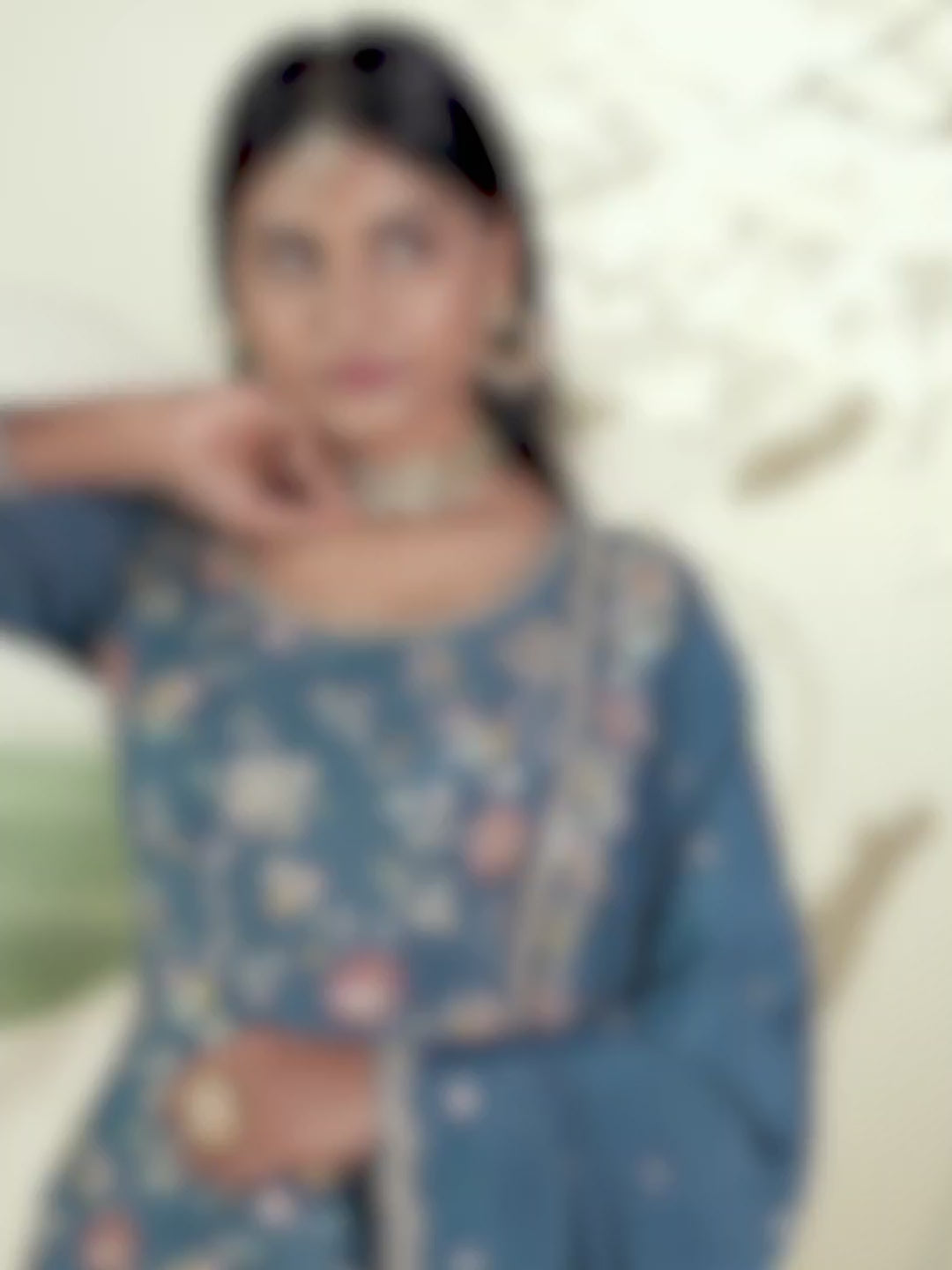 Blue Multi Colour Floral Thread & Embroidered Sharara Suit Set