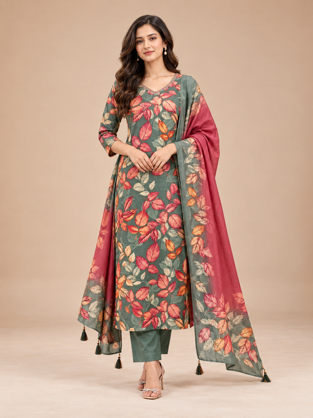 Women's Sage Green Leaf Printed Kurta Set with Dupatta – front view