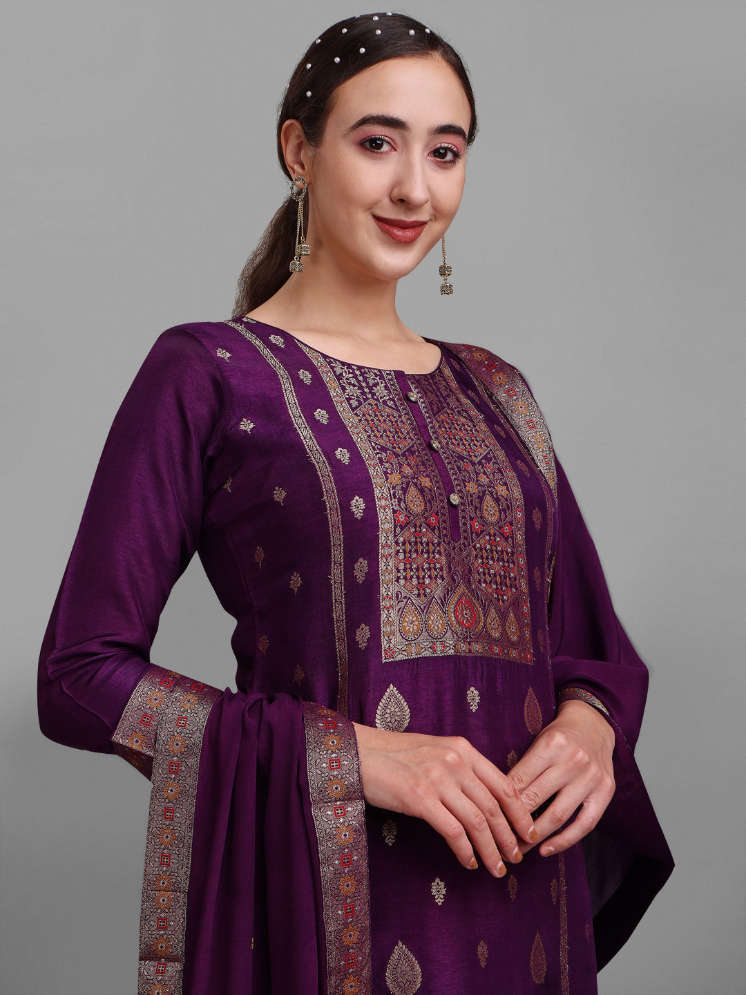 Purple Jacquard Silk Kurta Suit Set Product vendor