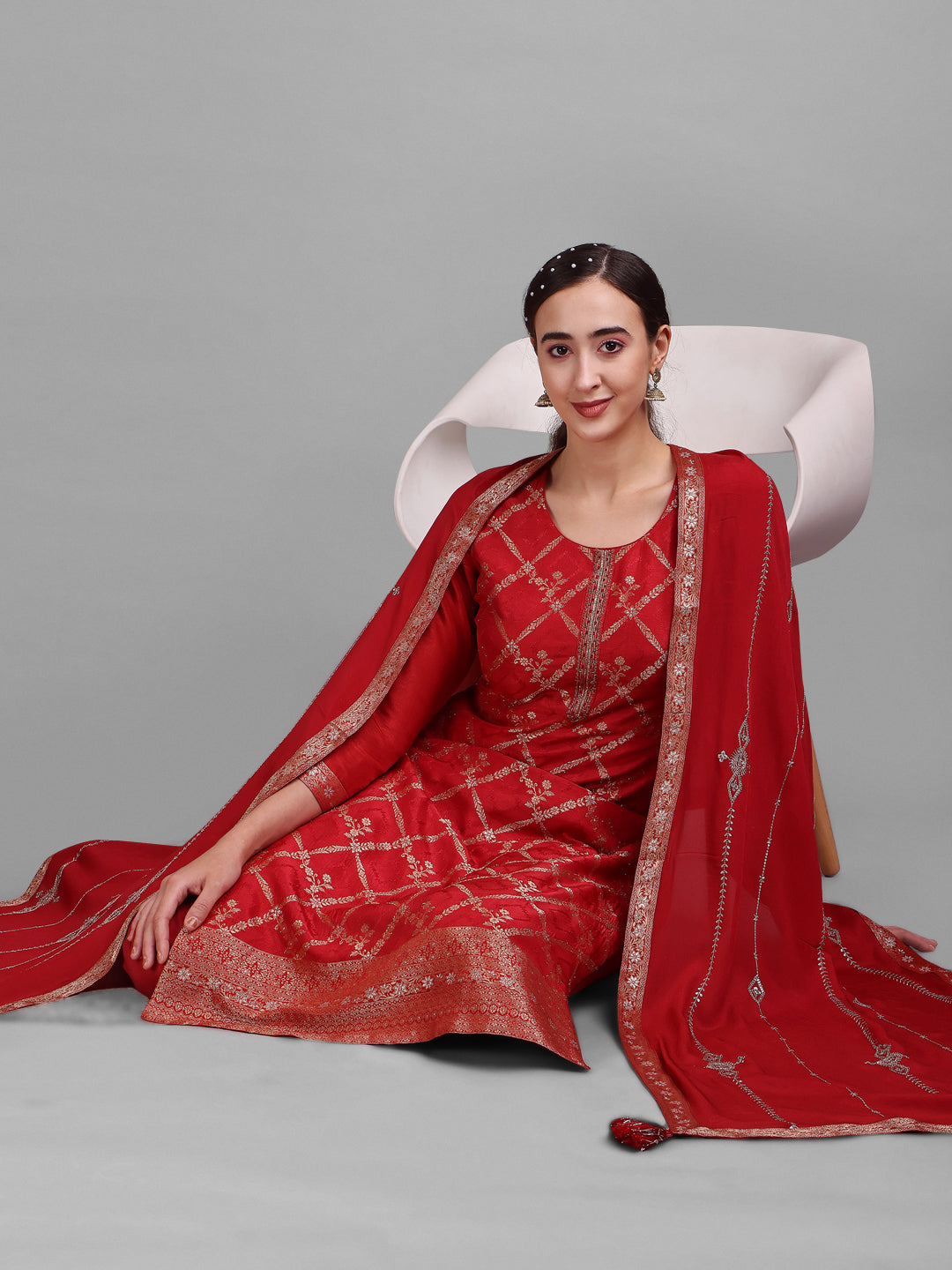 Red Jacquard Kurta Suit Set Product vendor