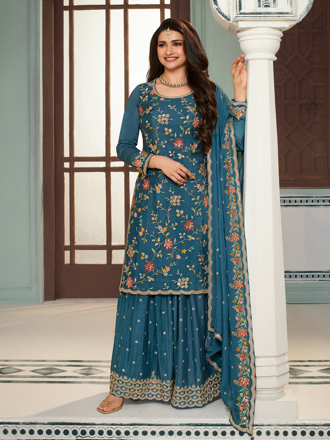 Blue Multi Colour Floral Thread & Embroidered Sharara Suit Set Product vendor