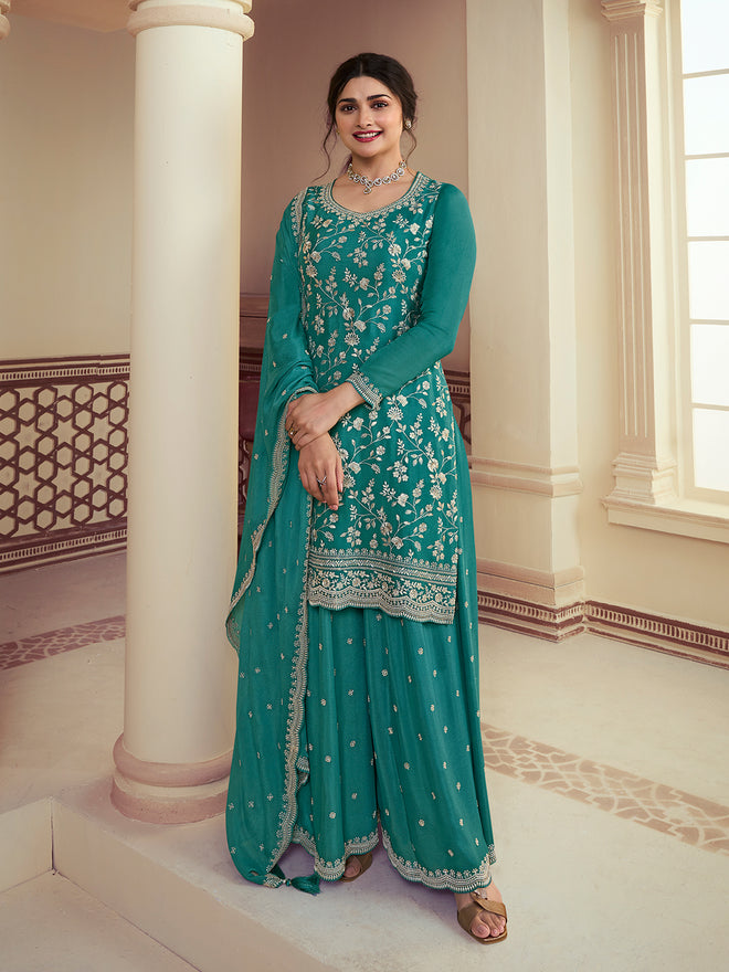 Turqouise Floral Pattern, Thread & Sequins Embroidered Sharara Suit Set Product vendor