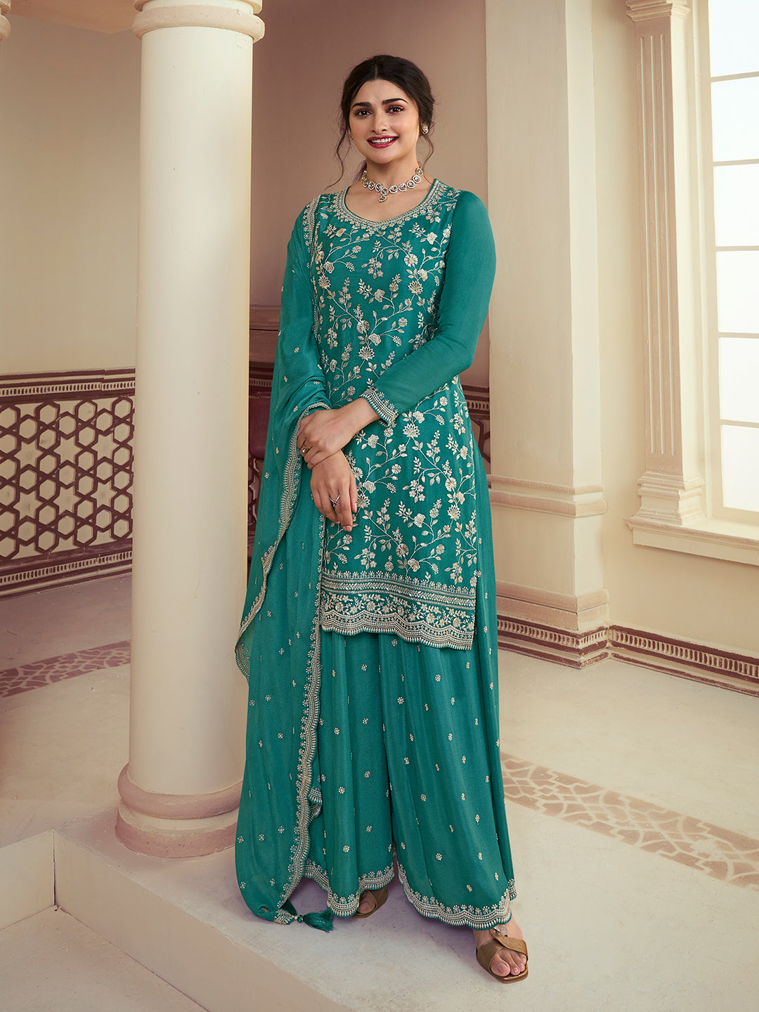 Turqouise Floral Pattern, Thread & Sequins Embroidered Sharara Suit Set Product vendor