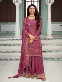 Dark Pink Multi Colour Floral Thread & Embroidered Sharara Suit Set Product vendor