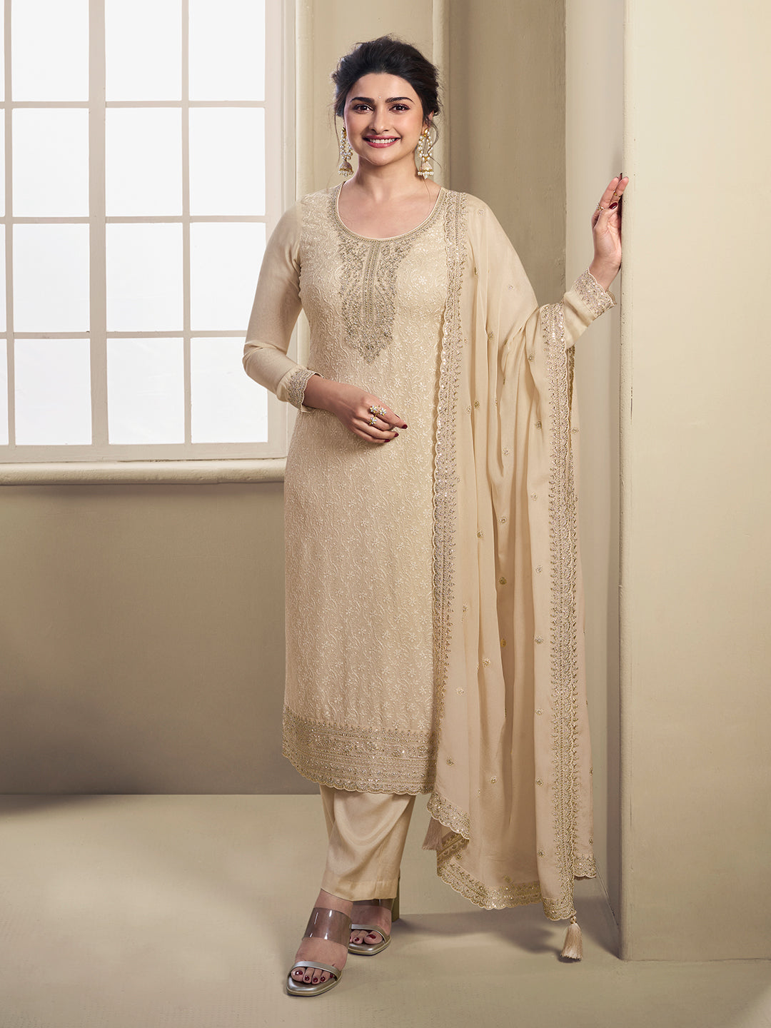 Copy of Pink Floral Pattern Schiffli Thread & Sequins Embroidery Kurta Suit Set Product vendor