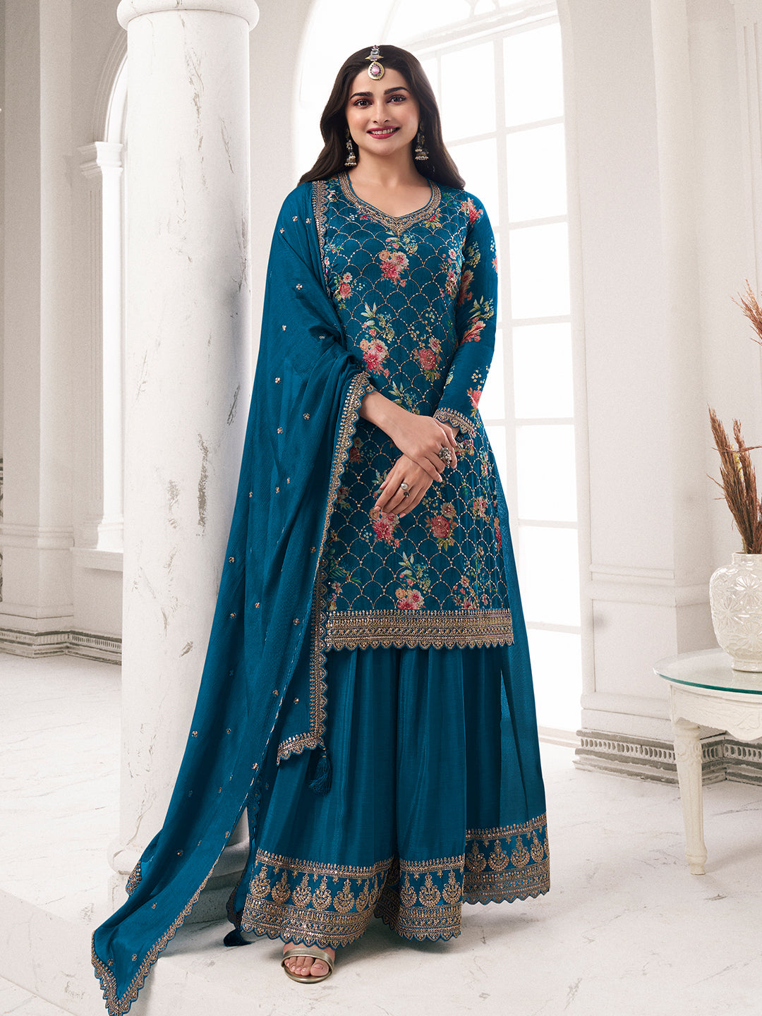 blue sharara dress Prazu Fashion Royal Blue Vichitra Silk Sequin Embroidered Sharara Suit