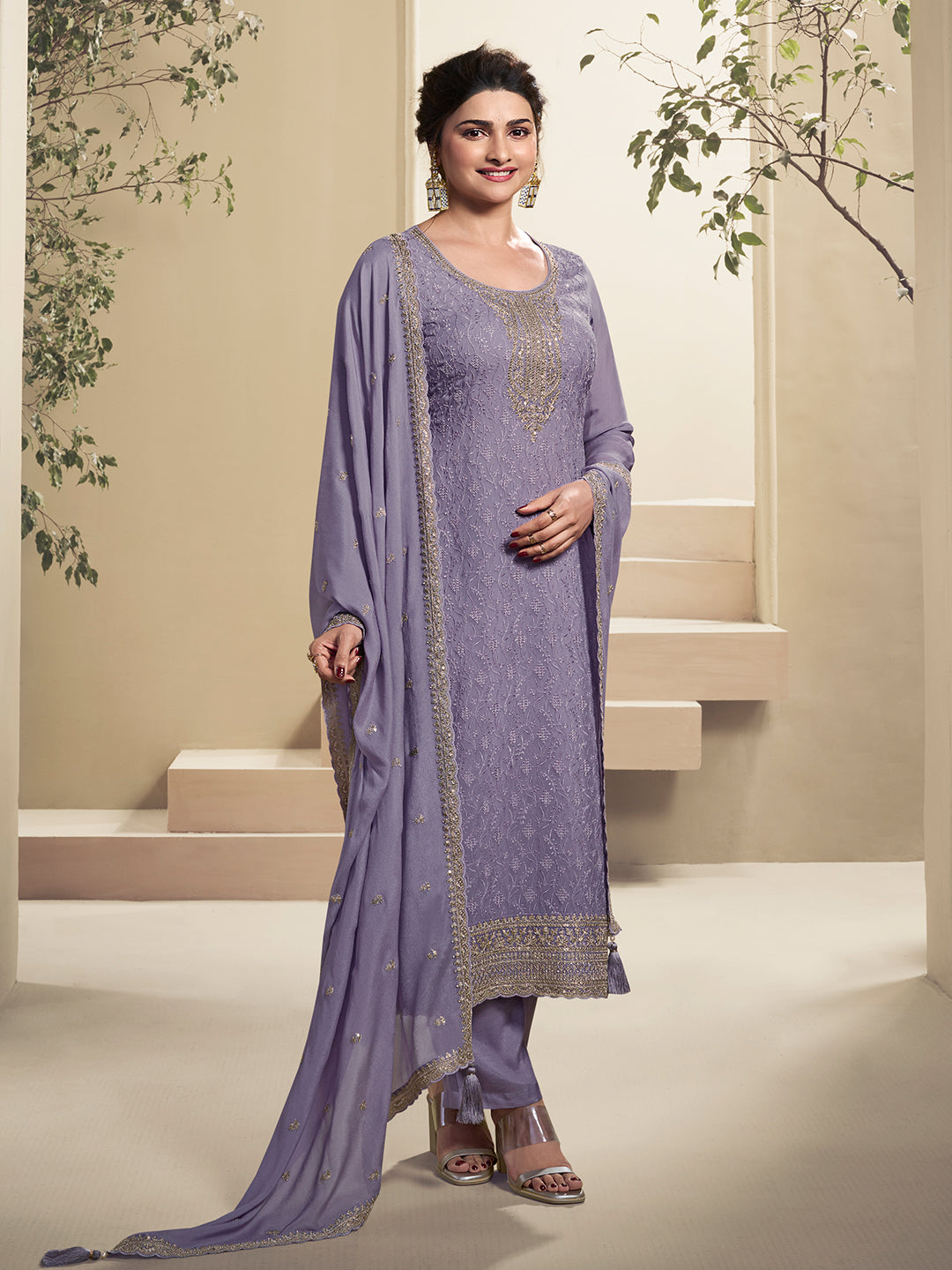 Copy of Off White Floral Pattern Schiffli Thread & Sequins Embroidery Kurta Suit Set Product vendor