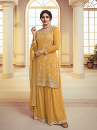 Yellow Floral Pattern, Thread & Sequins Embroidered Sharara Suit Set Product vendor