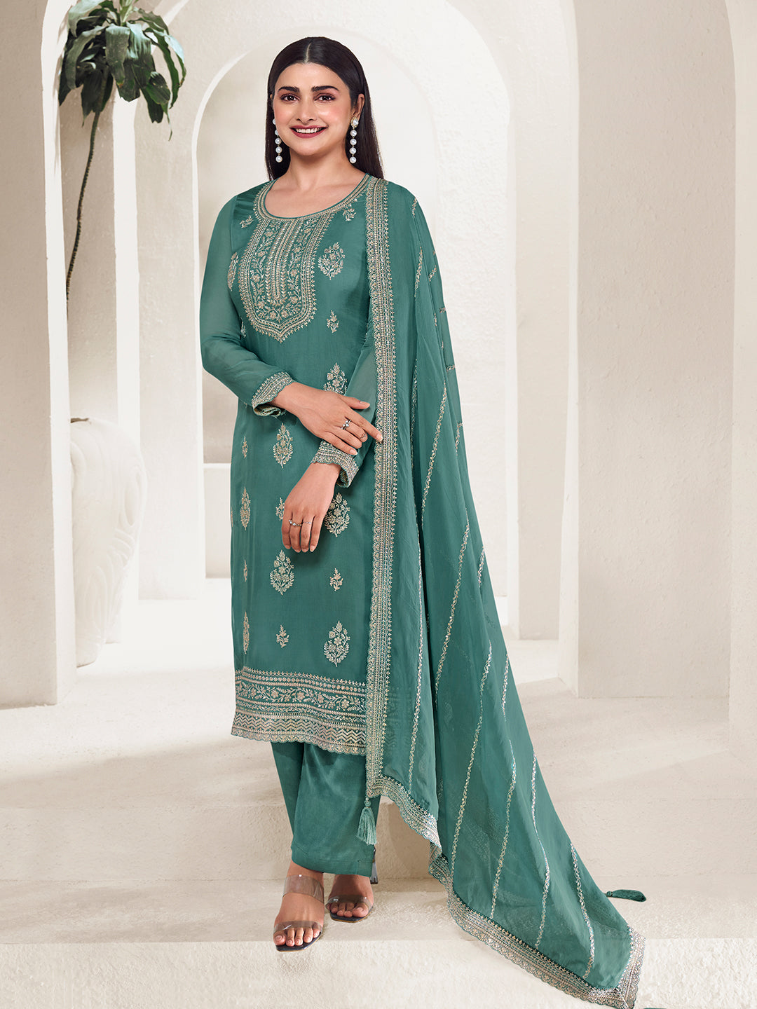Turqouise Lucknowi Thread & Sequins Embroidery Kurta Suit Set Product vendor