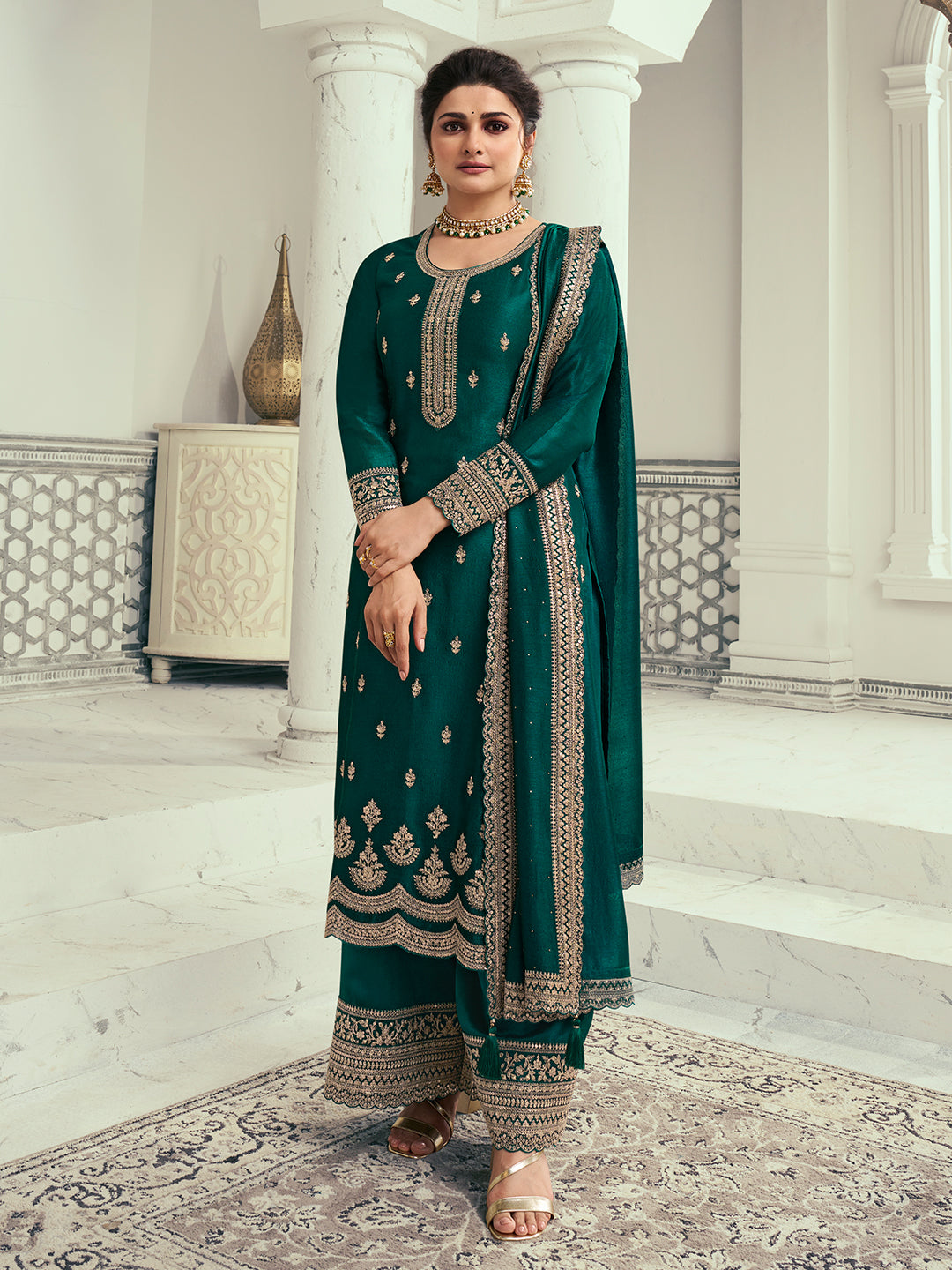 Dark Teal Green Designer Top Adorned with Exquisite Embroidered Palazzo Suit Set Product vendor