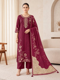 Women's Wine Floral Kurta Set with Dupatta