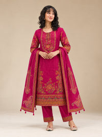 Women Rani-Pink Floral Embroidered Cotton-Silk Kurta with Trousers & With Dupatta