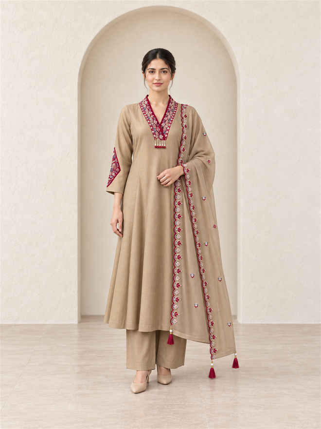 Beige Chanderi Silk Embroidered Anarkali Suit with Dupatta