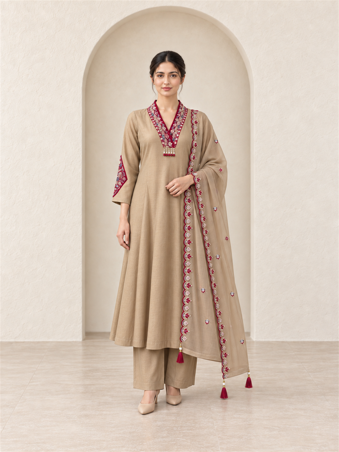 Beige Chanderi Silk Embroidered Anarkali Suit with Dupatta