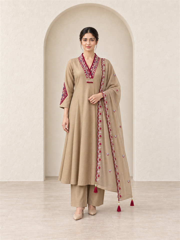 Beige Chanderi Silk Embroidered Anarkali Suit with Dupatta