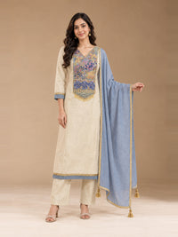 Ivory Floral Yoke Kurta Set with Blue Dupatta
