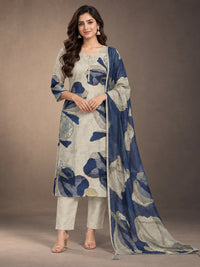 Women's Beige & Navy Blue Printed Kurta Set with Dupatta