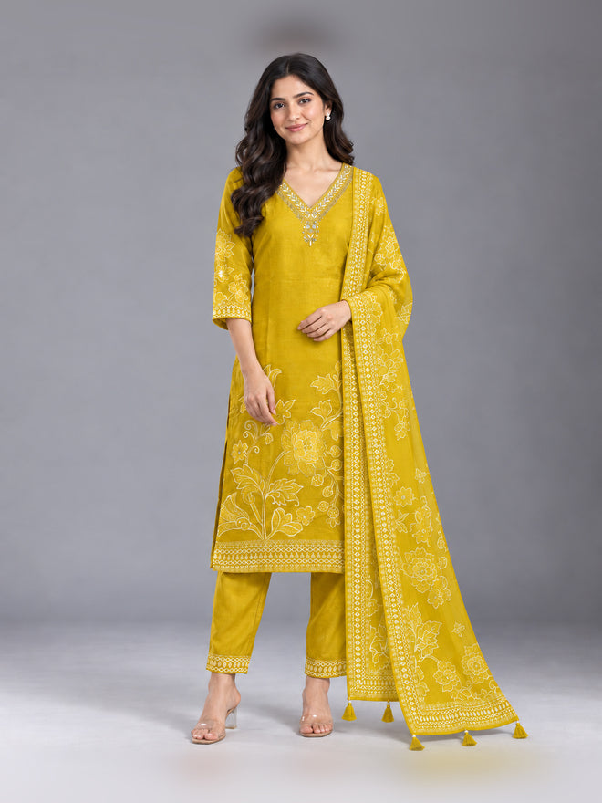 Yellow Floral Printed Cotton-Silk Kurta Set with Dupatta