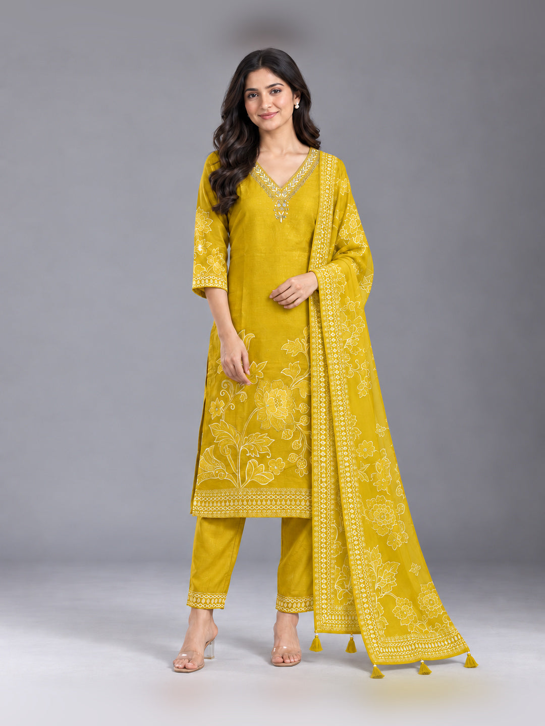 Yellow Floral Printed Cotton-Silk Kurta Set with Dupatta