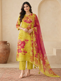Women's Yellow & Magenta Floral Printed Kurta Set with Dupatta