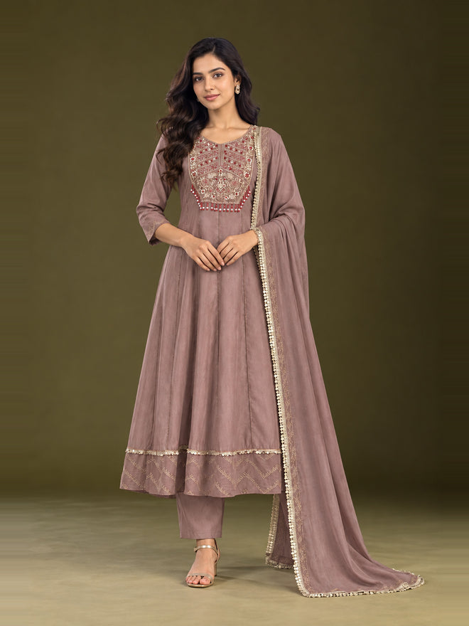 Mauve Embroidered Chanderi-Silk Anarkali Set with Dupatta
