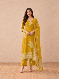 Women's Mustard Yellow Floral Kurta Set with Dupatta