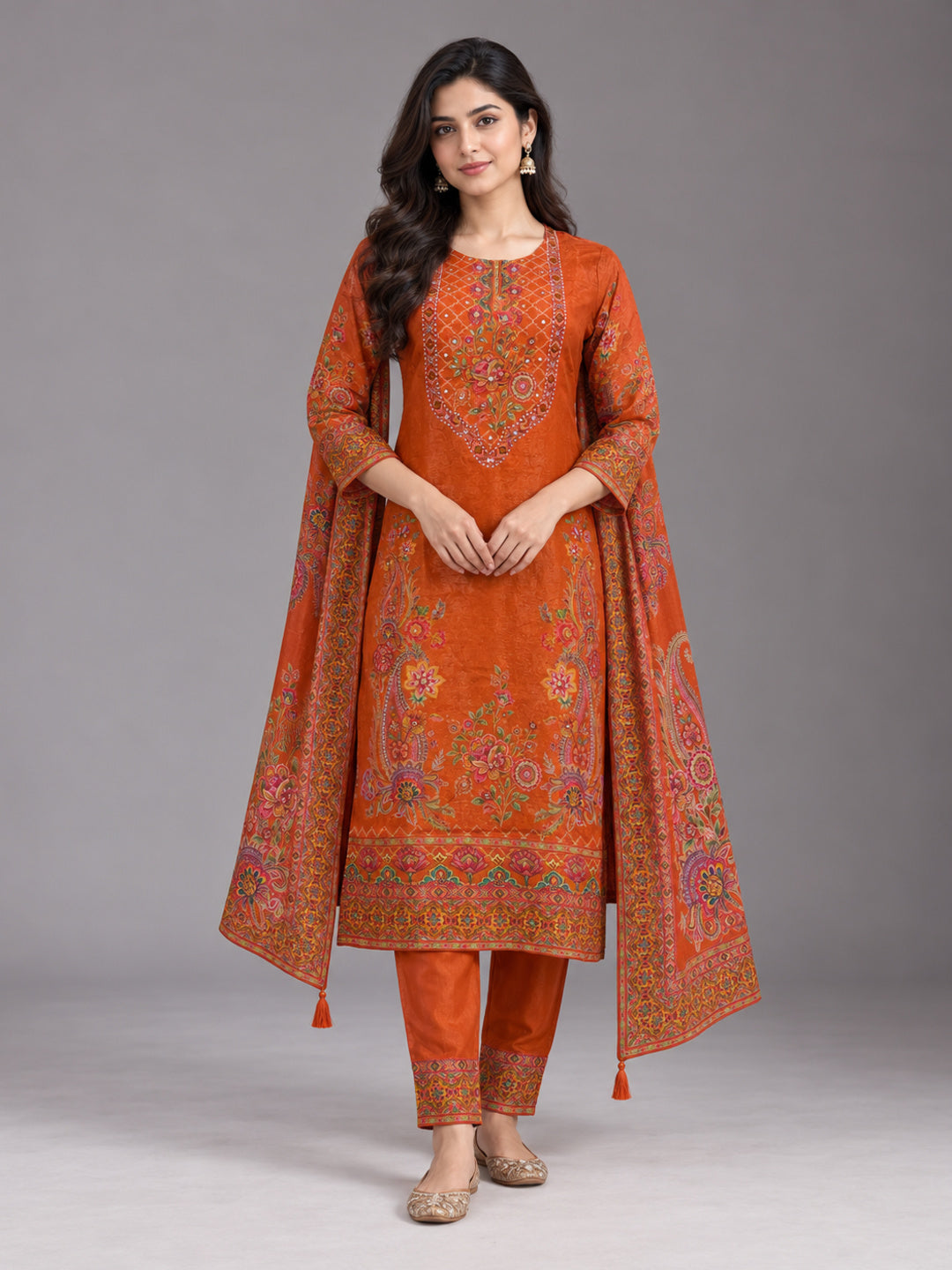Rust Orange Floral Printed Cotton-Silk Kurta Set with Dupatta