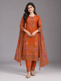 Rust Orange Floral Printed Cotton-Silk Kurta Set with Dupatta