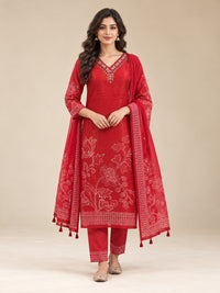 Red Floral Printed Cotton-Silk Kurta Set with Dupatta