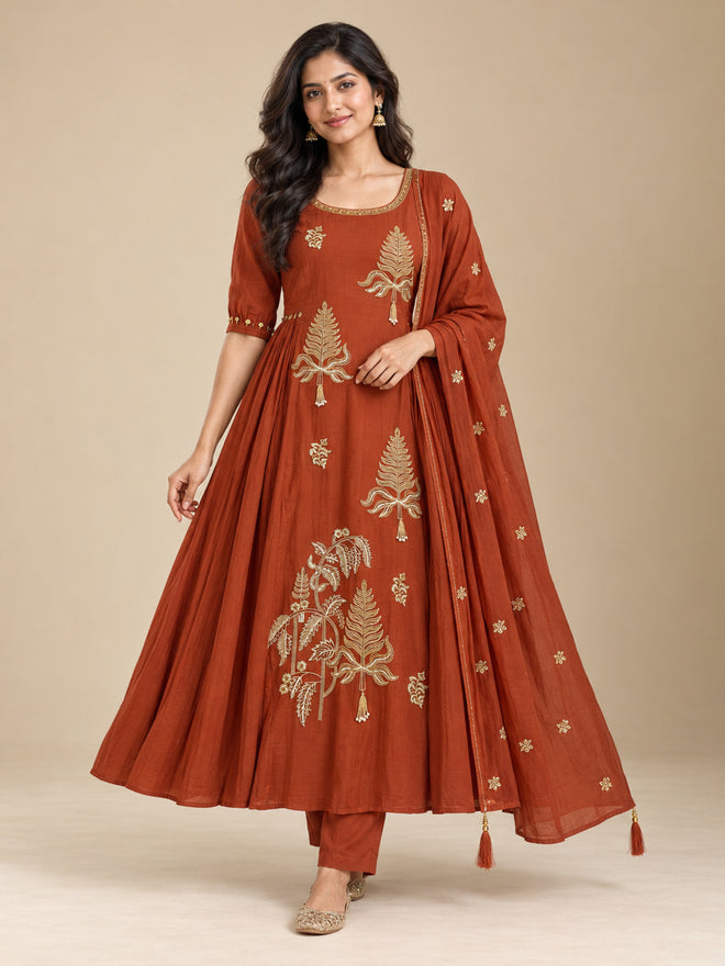 Brown Embroidered Chanderi-Silk Anarkali Set with Dupatta