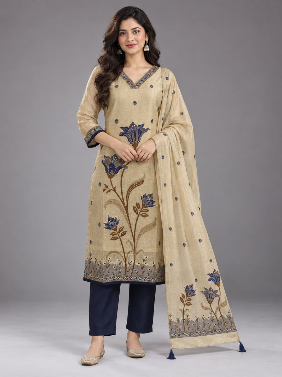 Beige and Navy Floral Kurta Set with Dupatta