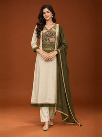 Ivory Floral Yoke Kurta Set with Olive Green Dupatta