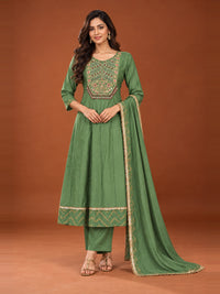 Green Embroidered Chanderi-Silk Anarkali Set with Dupatta