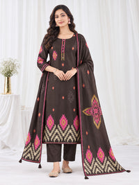 Women's Dark Brown Geometric Printed Kurta Set with Dupatta