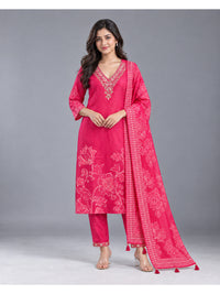 Pink Floral Printed Cotton- Silk Kurta Set with Dupatta