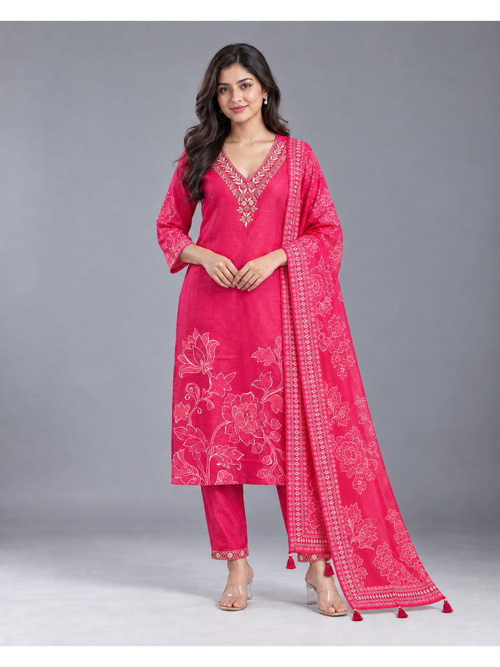 Pink Floral Printed Cotton-Silk Kurta Set with Dupatta