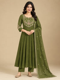 Olive Green Embroidered Chanderi-Silk Anarkali Set with Dupatta