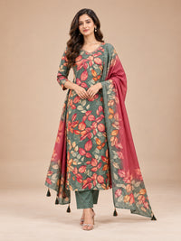 Women's Sage Green Leaf Printed Kurta Set with Dupatta