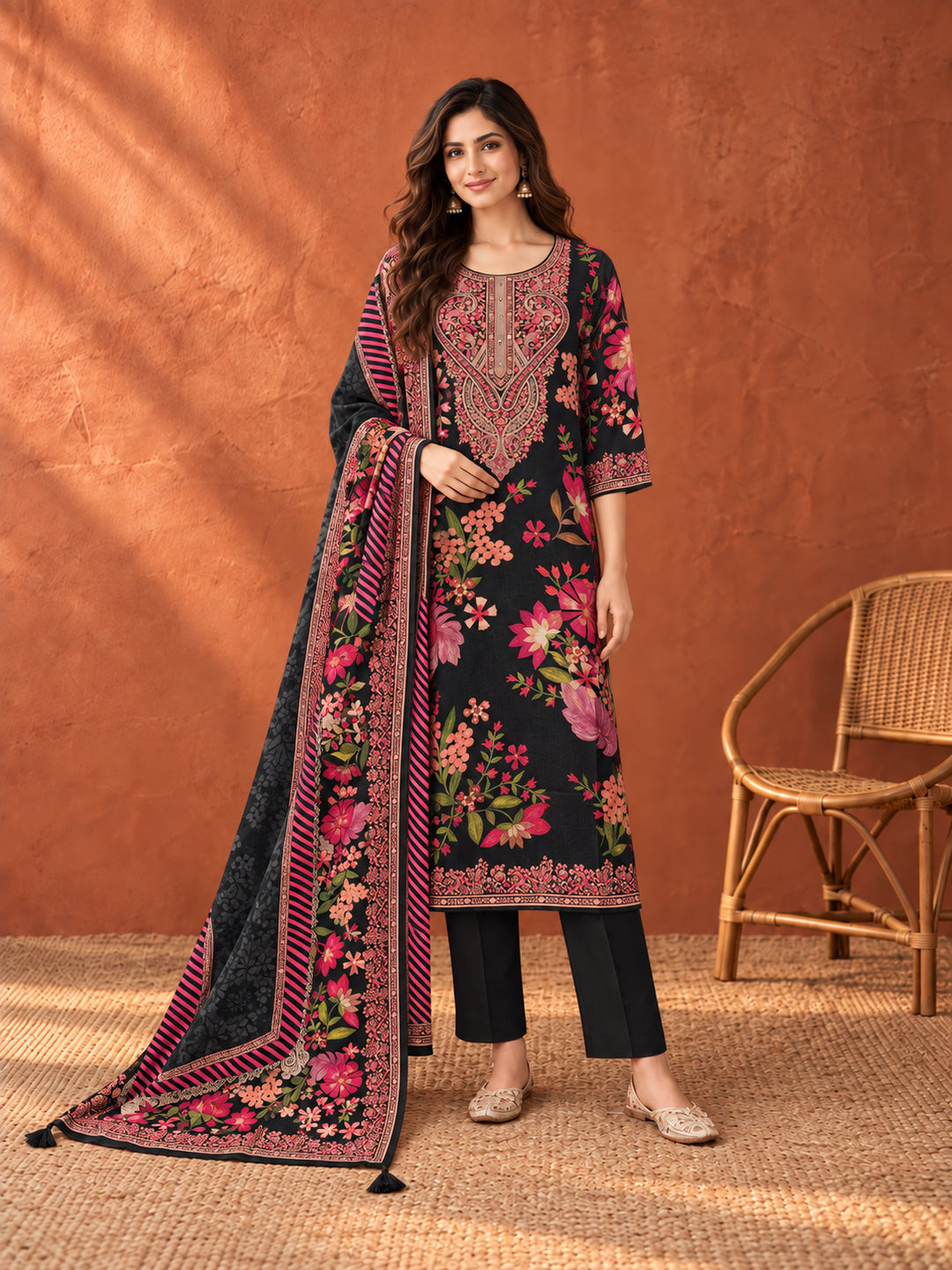 Black Floral Printed Kurta Set with Dupatta