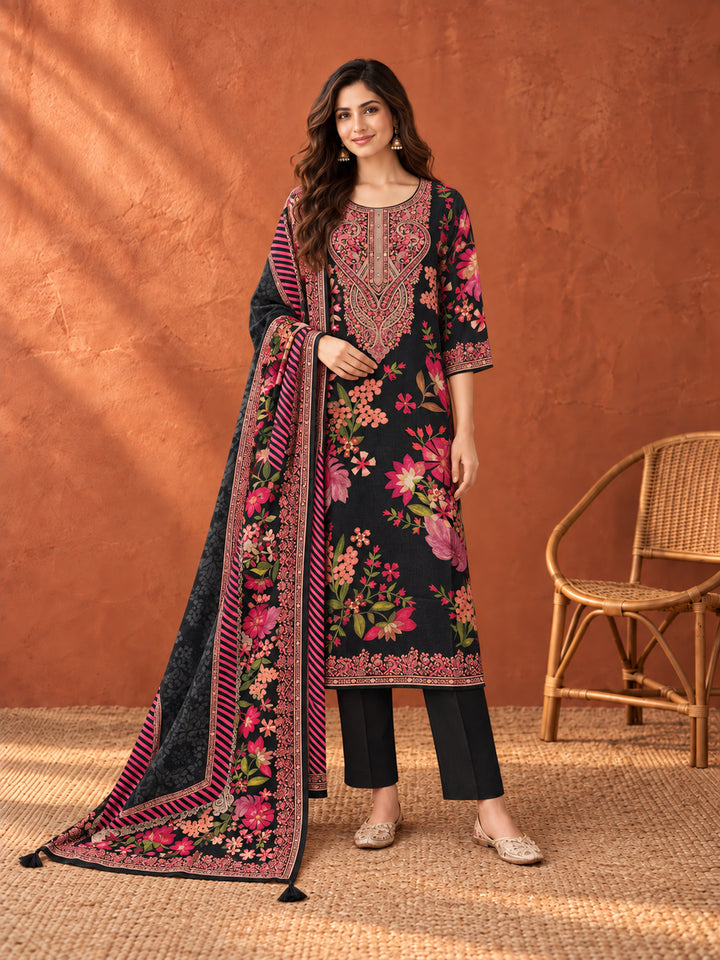 Black Floral Printed Kurta Set with Dupatta