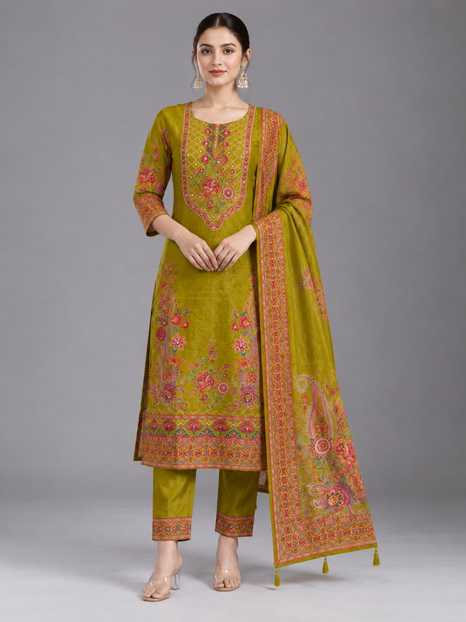 Women Floral Embroidered Cotton-Silk Kurta with Trousers & With Dupatta