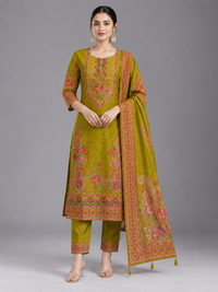 Women Floral Embroidered Cotton-Silk Kurta with Trousers & With Dupatta