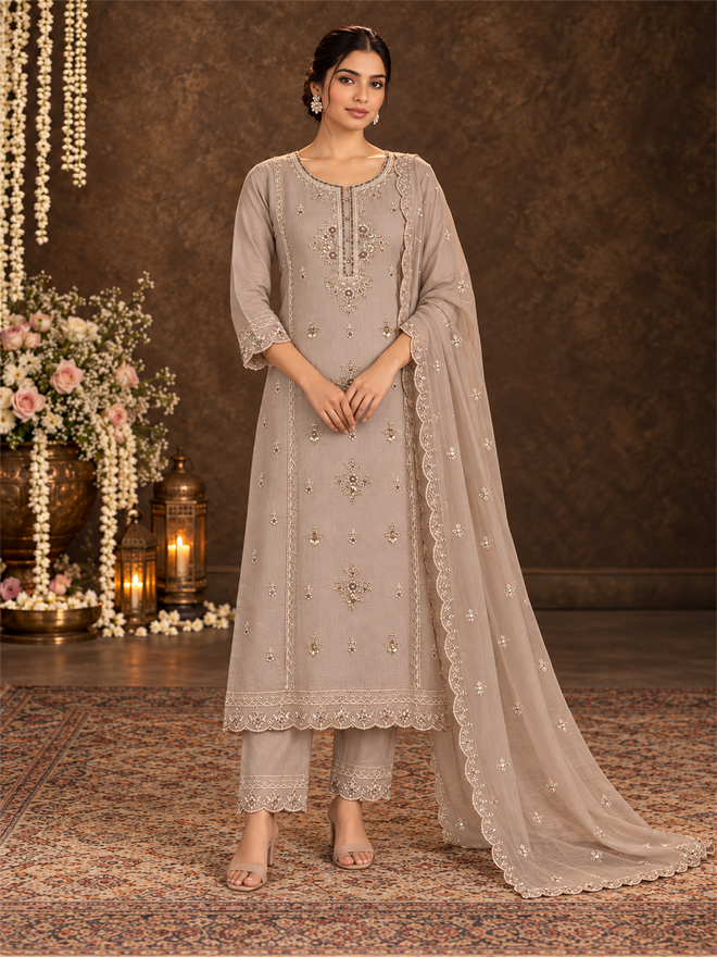Beige Floral Embroidered Mul Chanderi Straight Kurta Trouser Set with Dupatta