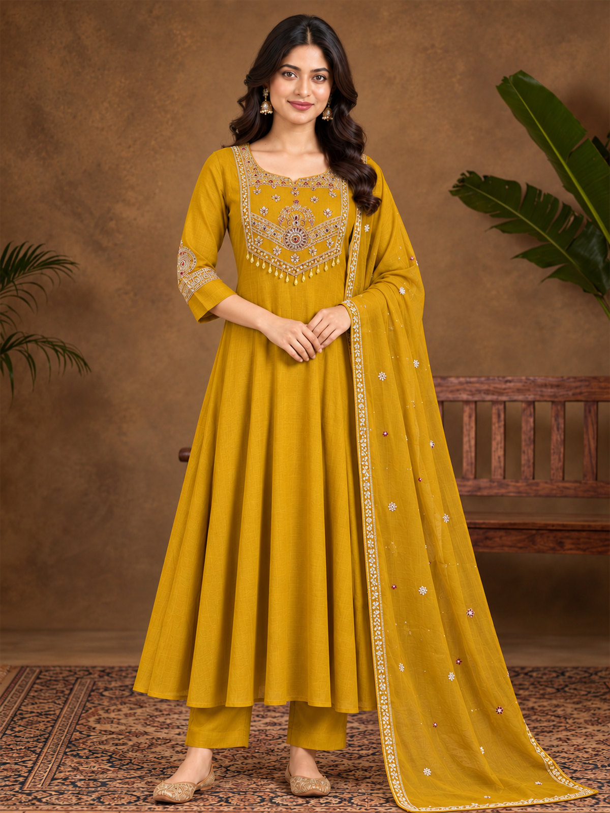 Mustard Embroidered Chanderi Silk Anarkali Suit Set